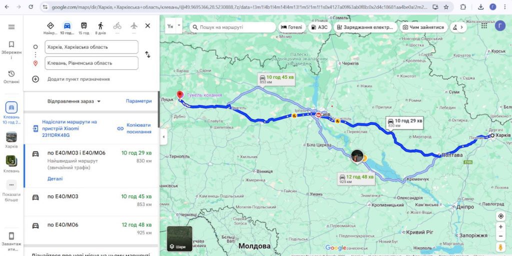 Маршрут з Харкова до Клеваня на карті