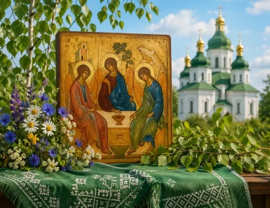 Ікона Святої Трійці на столі з зеленим вишитим рушником, польові квіти та березові гілки на фоні україської церкви