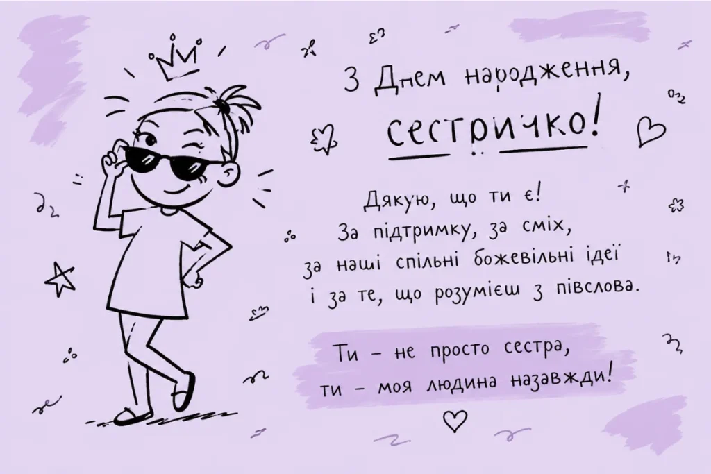Скетч дівчинки з короною і напис для сестри
