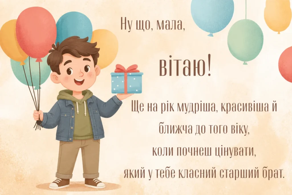 Хлопчик з кульками і подарунком вітає сестру