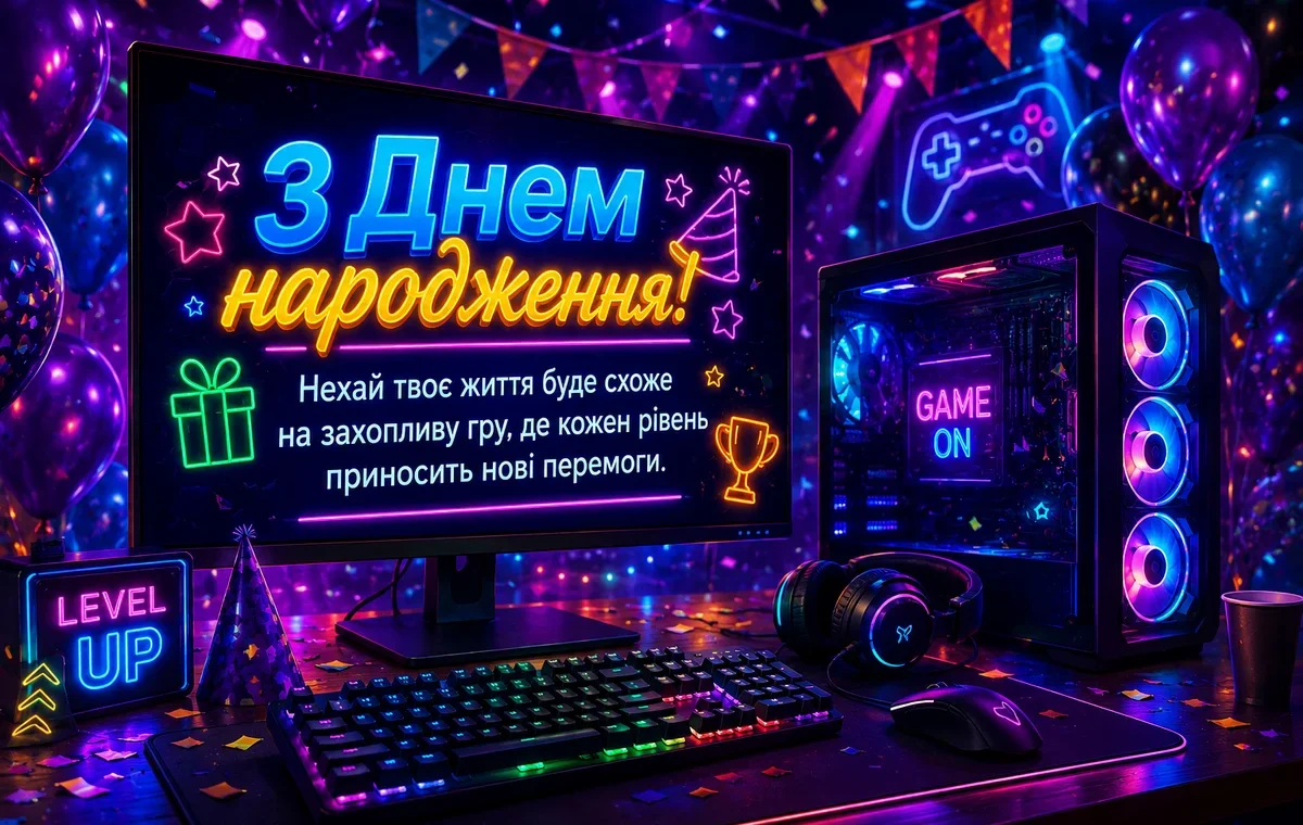 Слова привітань для хлопчика з днем народження на екрані комп'ютера