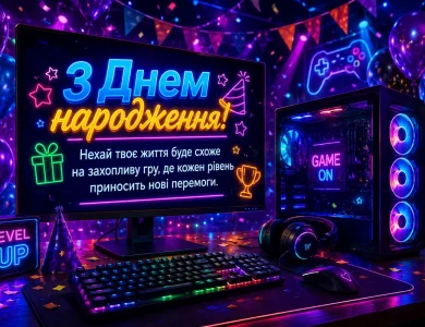 Слова привітань для хлопчика з днем народження на екрані комп'ютера