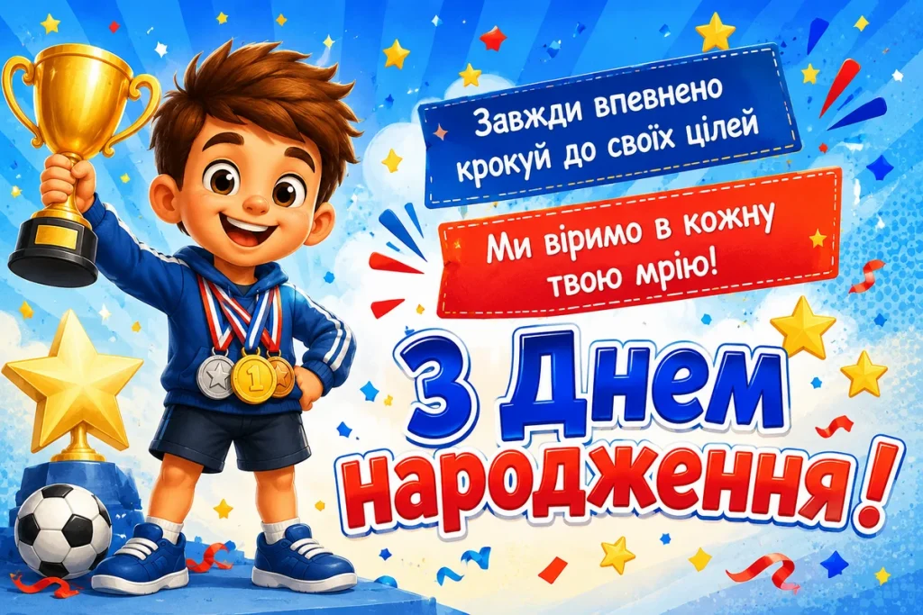 Хлопчик з медалями тримає в руці кубок
