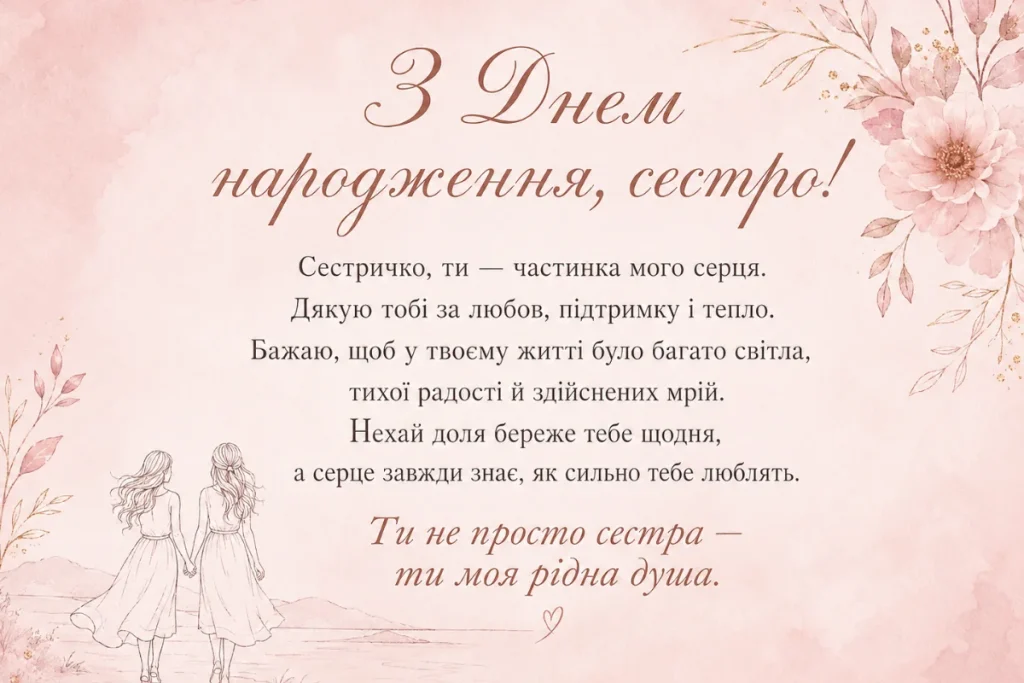 Ніжна листівка з квітами і текстом для сестри