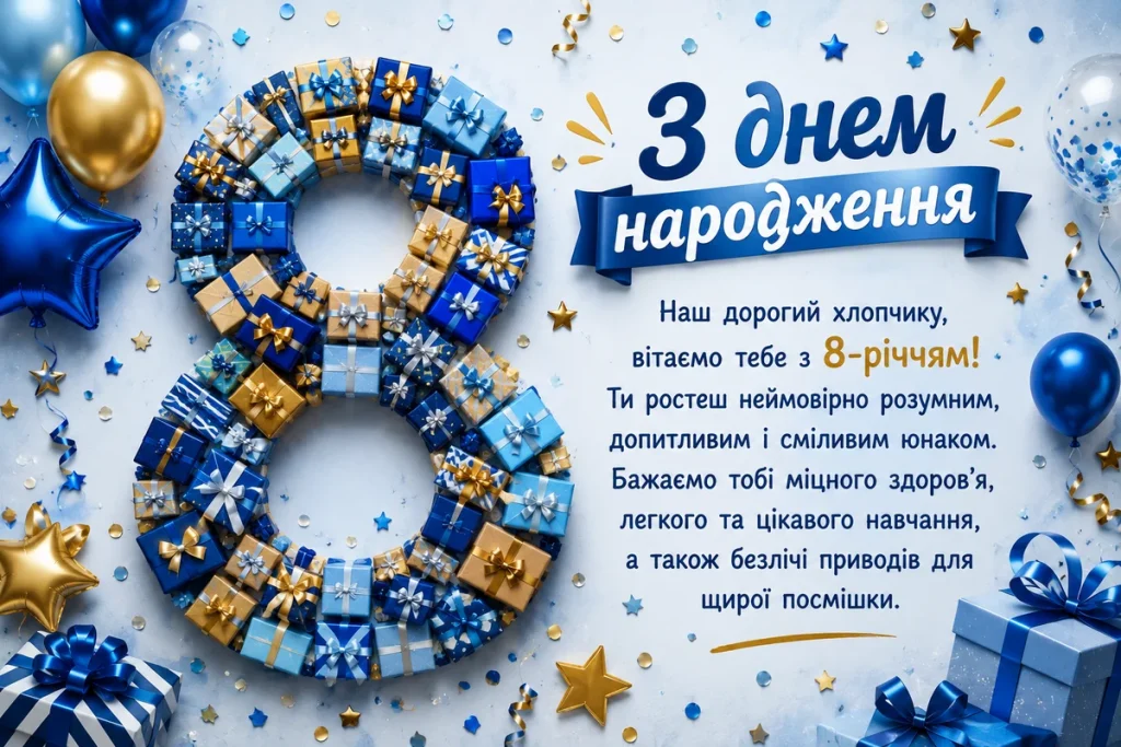 Цифра 8 з подарунків з словами привітань для хлопчика