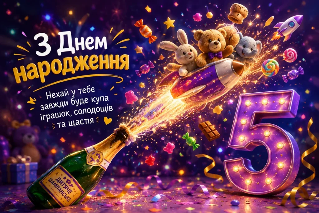 Салют з шампанського з м'якими іграшками та цифра 5