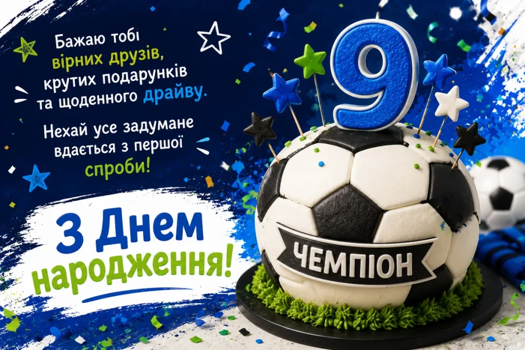 Торт у вигляді футбольного м'яча з цифрою 9 для привітання хлопчику