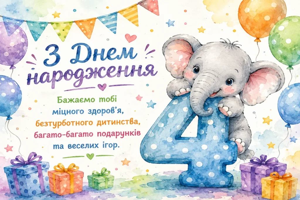 Маленьке слоненя з подарунками та цифрою 4