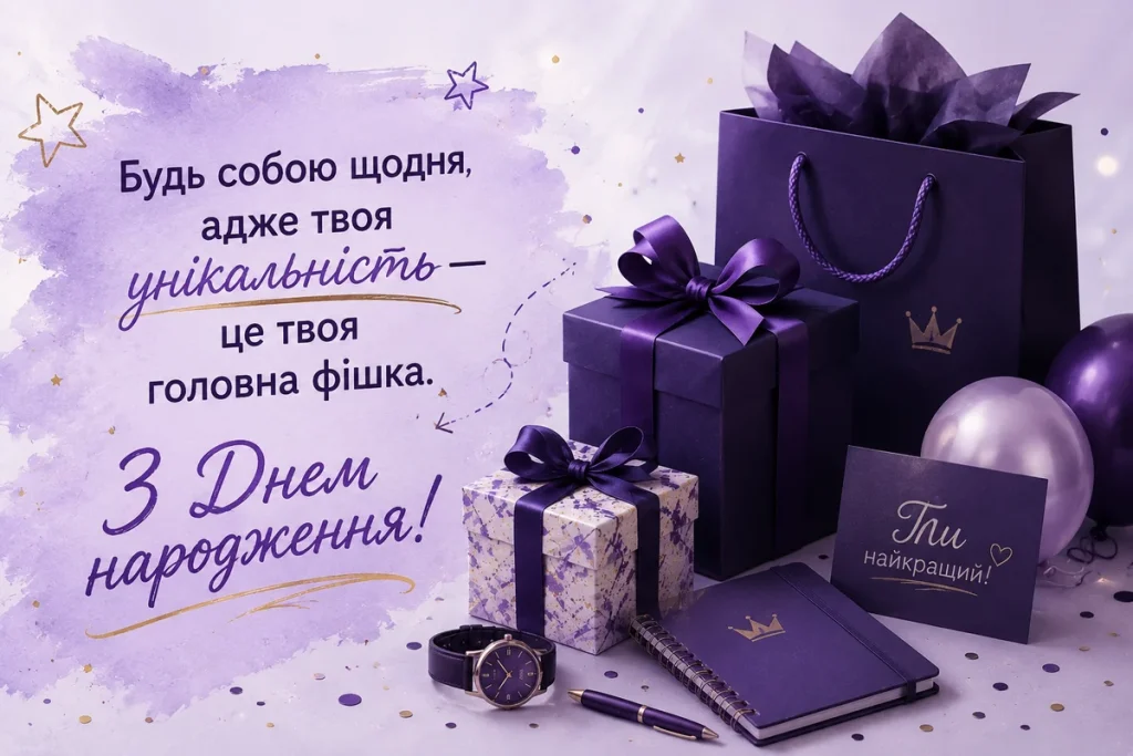 Подарунки для хлопчика у фіолетових кольорах та слова привітань