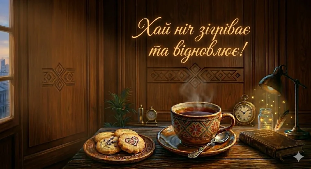 Чашка з чаєм та тарілка з печивом на столі
