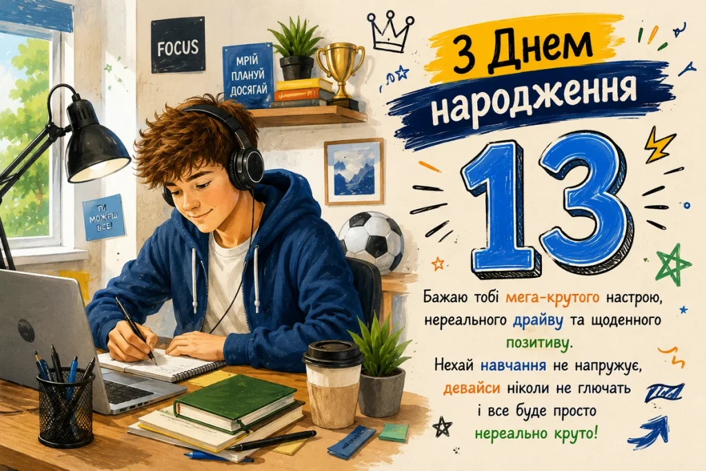 Хлопчик робить домашнє завдання а на фоні привітання з днем народження 13