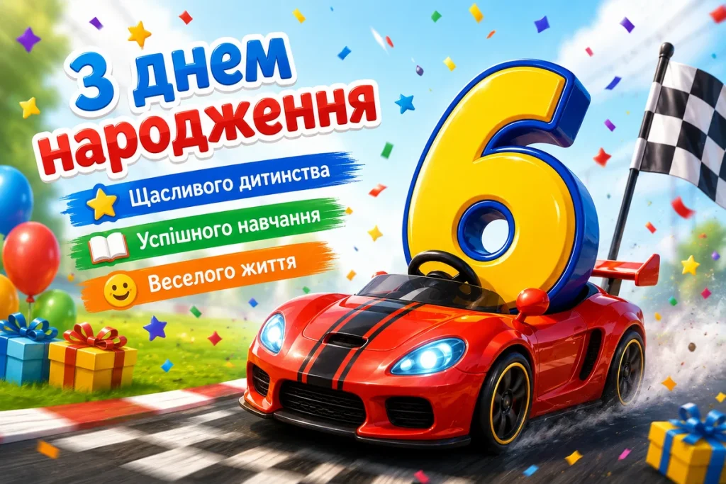 Цифра 6 їде на спортивній машинці вітати хлопчика