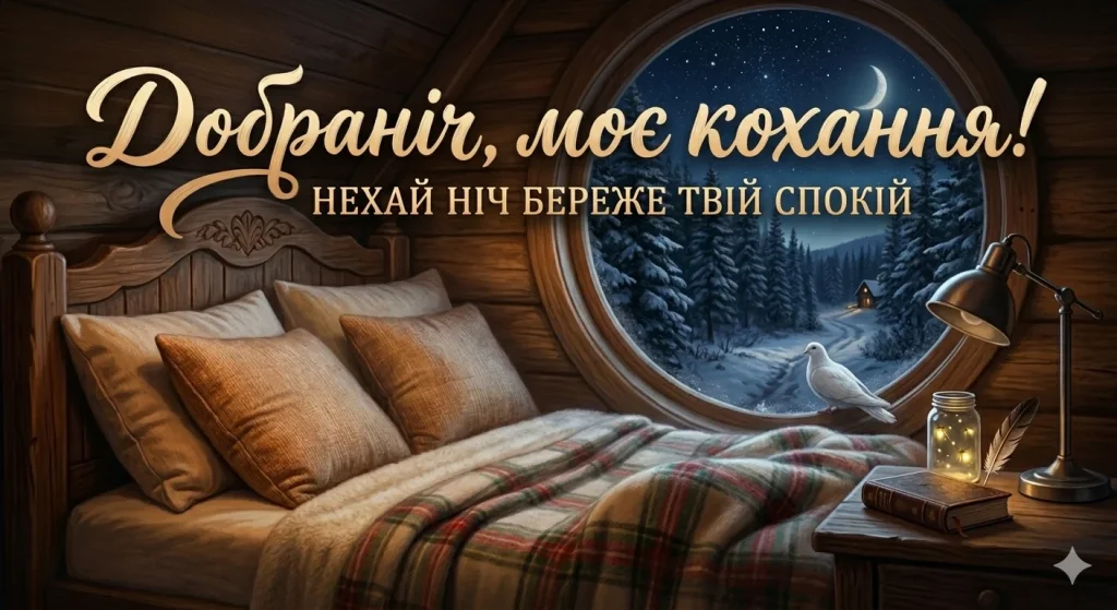 Затишна спальня з вікном у зимові гори