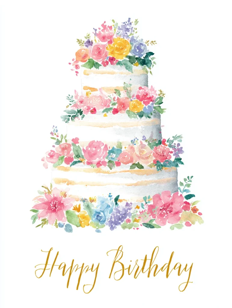 Акварельний торт з квітами і напис Happy Birthday