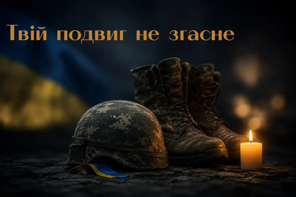 Військовий шолом і берці поруч зі свічкою та напис твій подвиг не згасне
