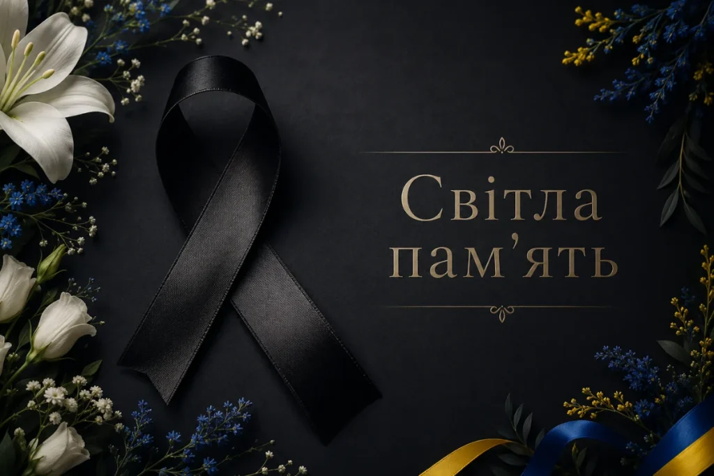 Жалобна стрічка з квітами у синьо-жовтих кольорах і напис світла пам’ять