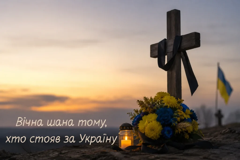 Хрест із чорною стрічкою, квіти і свічка на заході сонця з написом про шану
