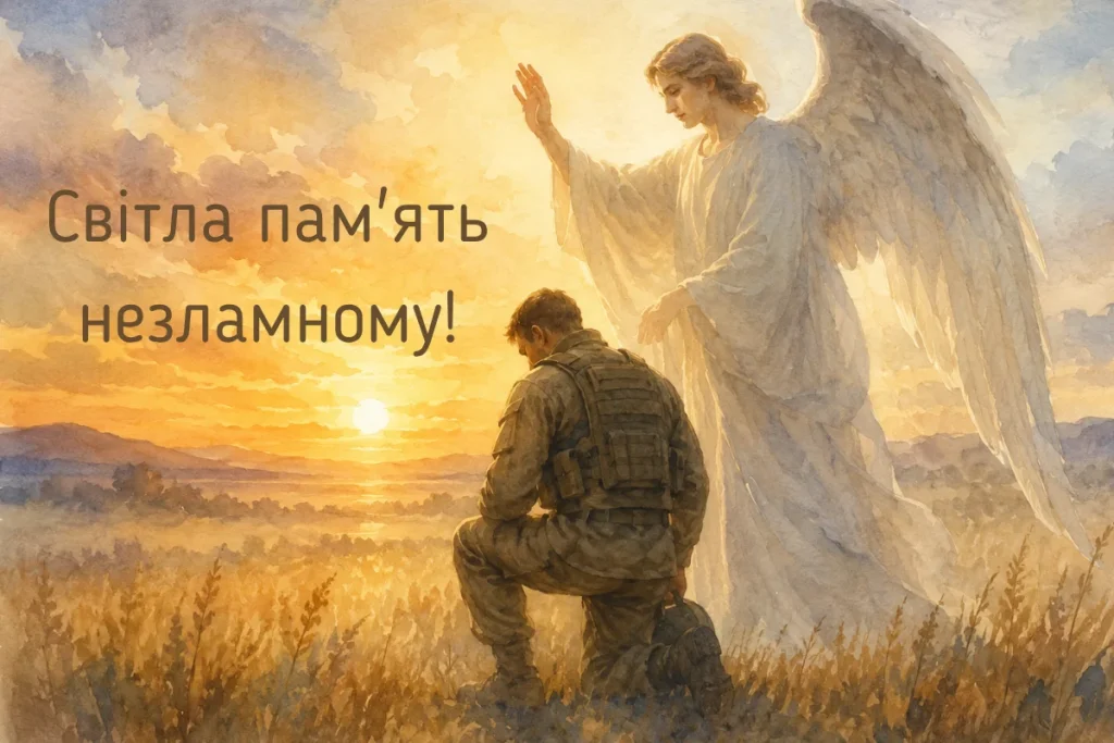 Воїн на коліні та ангел за спиною на заході сонця