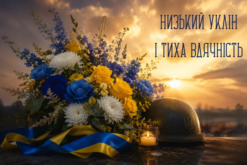 Військовий шолом і берці поруч зі свічкою та напис твій подвиг не згасне