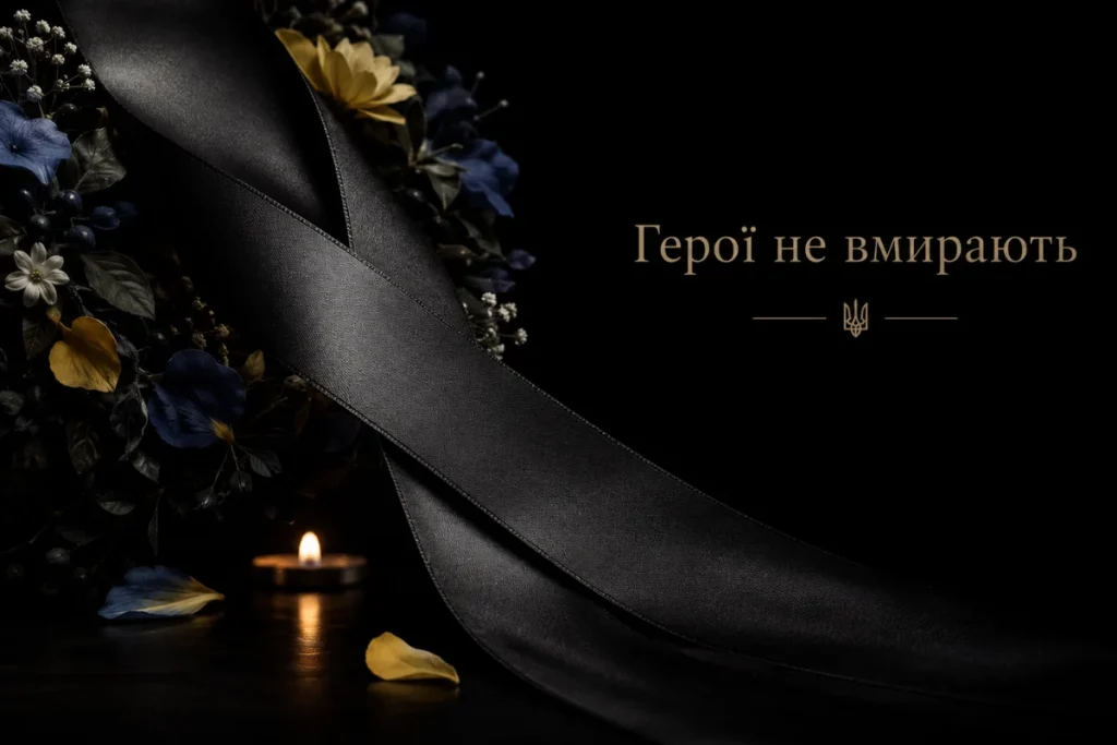 Чорна стрічка та квіти зі словами герої не вмирають