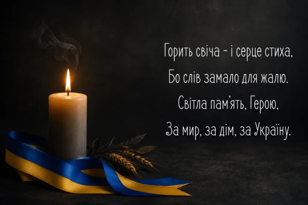 Свічка та синьо-жовта стрічка з віршем про пам’ять і втрату