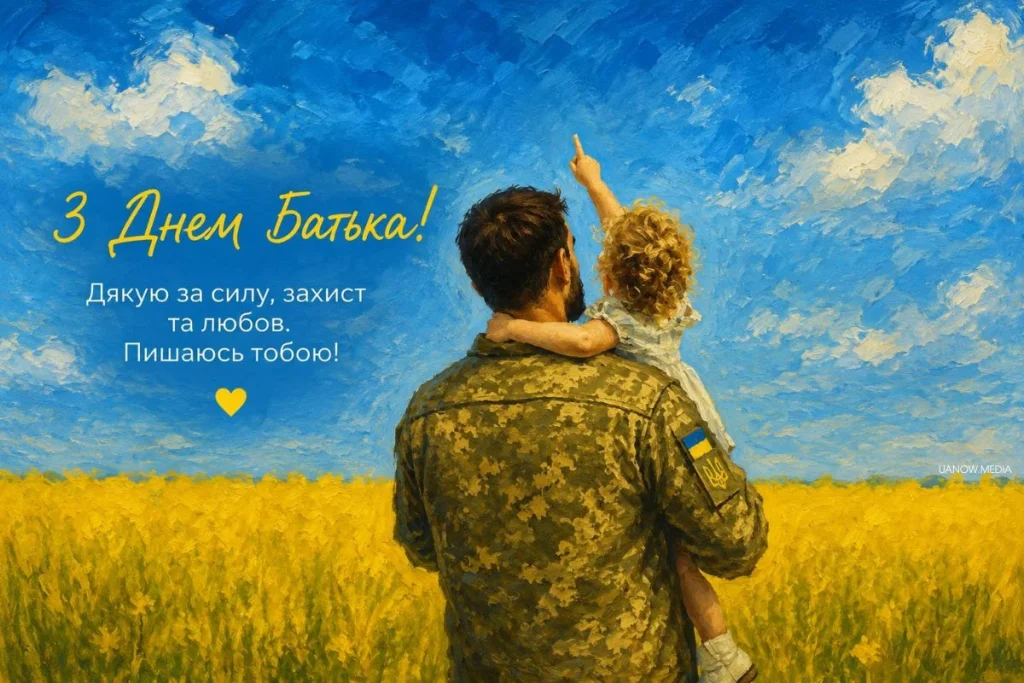 Тато – захисник України із донечкою на руках під синім небом