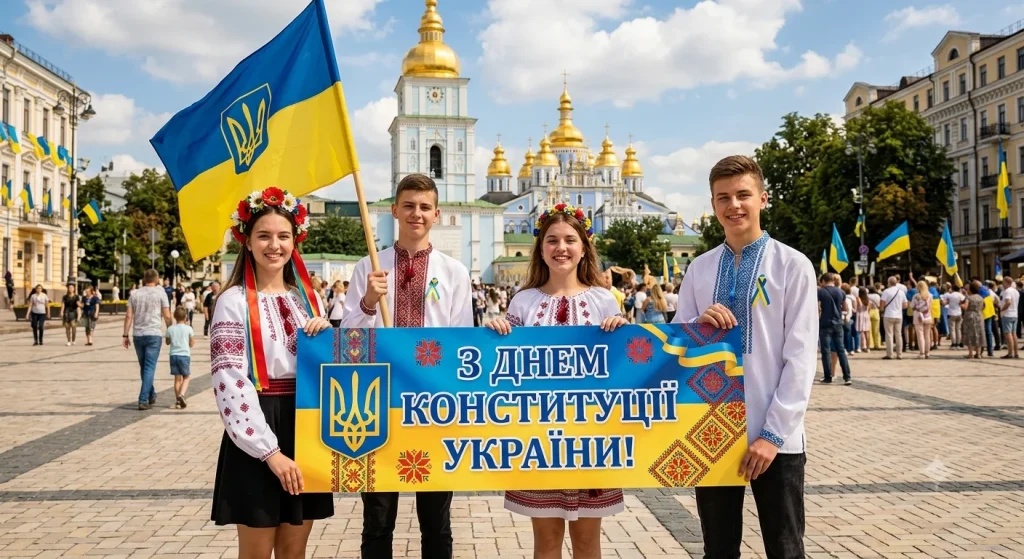 Діти тримають банер З Днем Конституції України