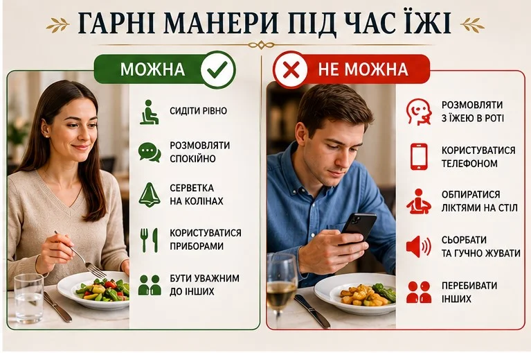 Етикет у дії: порівняння правильної та помилкової поведінки під час їжі