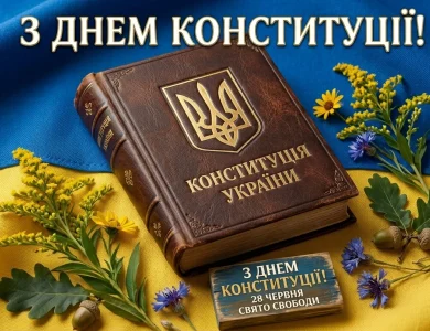 Конституція в шкіряній обкладинці на фоні прапору