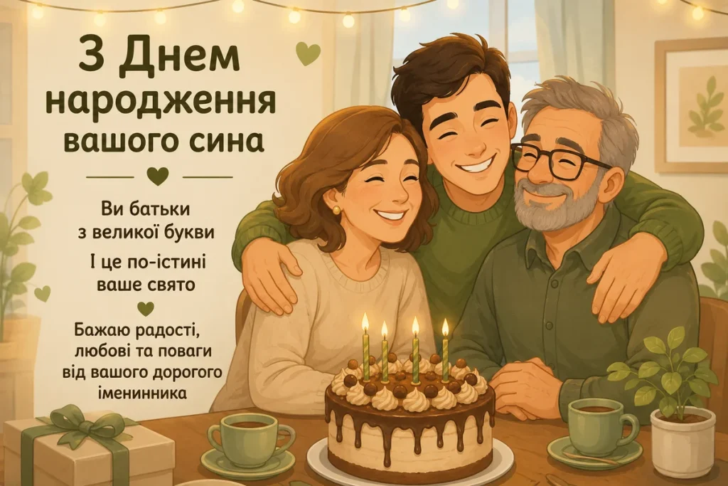 Дорослий син обіймає своїх батьків у свій День народження 