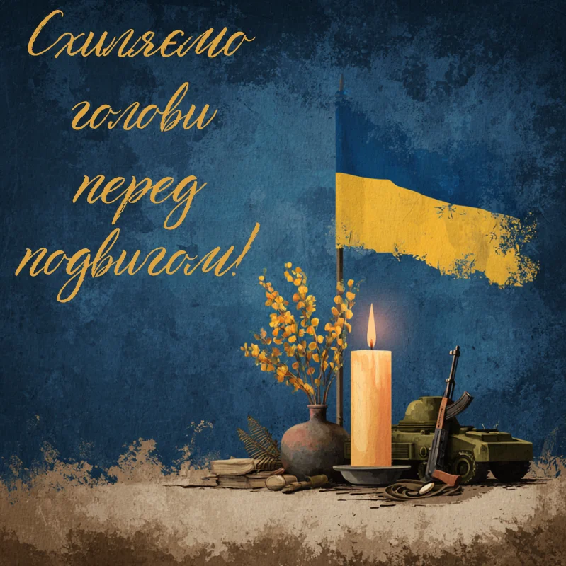 Прапор України, свічка і військові речі з написом