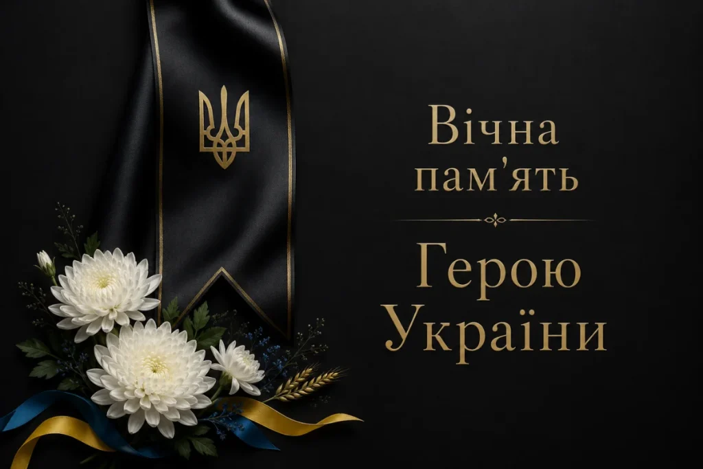 Чорна стрічка з тризубом і білі квіти зі словами вічна пам’ять герою України