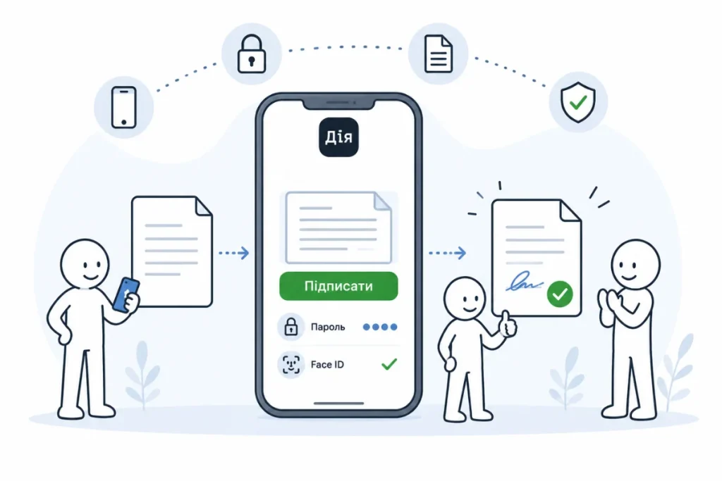 Ілюстрація підпису документа через застосунок Дія на смартфоні