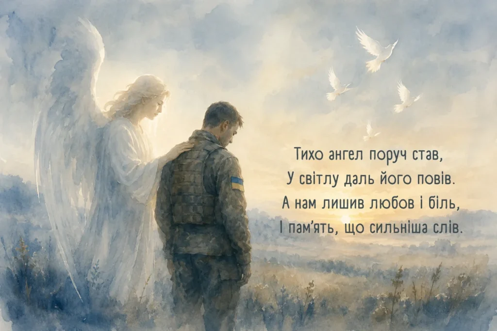 Військовий і ангел поруч на тлі світлого неба