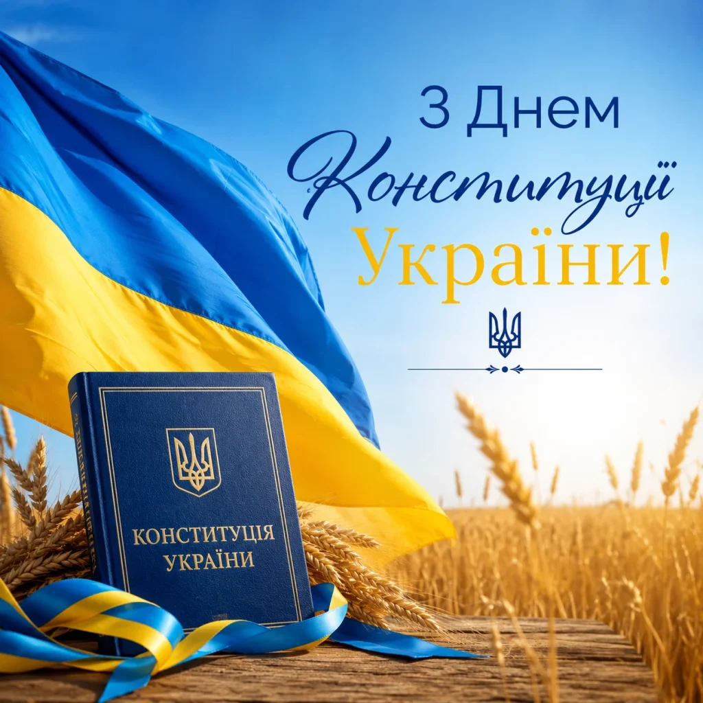 Конституція України на фоні поля, неба і прапора