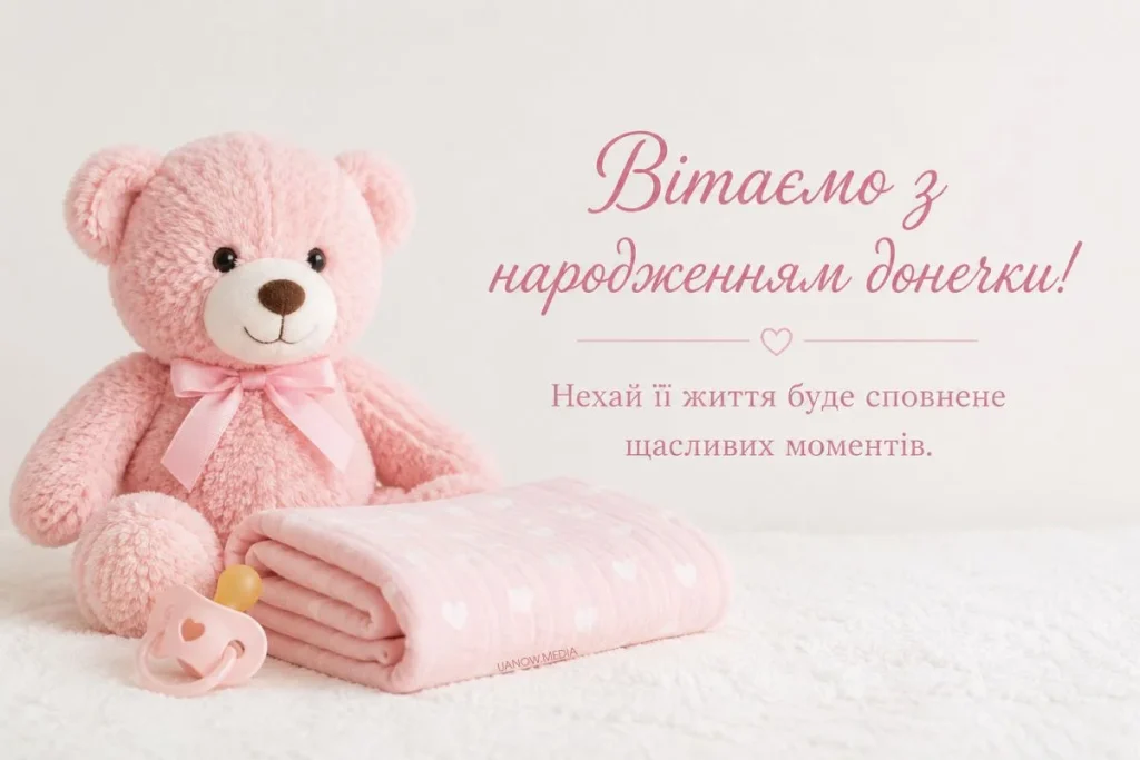 Рожевий плюшевий ведмедик з словами привітання з народженням доні