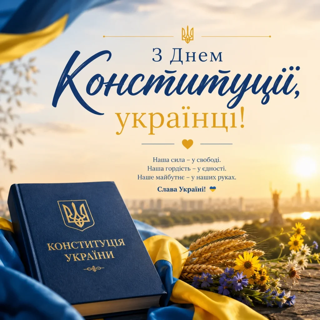 Листівка з Днем Конституції на фоні київського неба