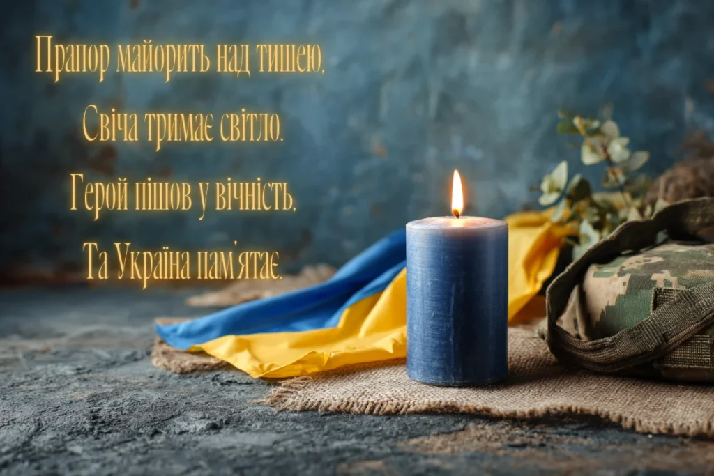 Свічка, прапор України і військові речі з рядками про пам’ять і втрату