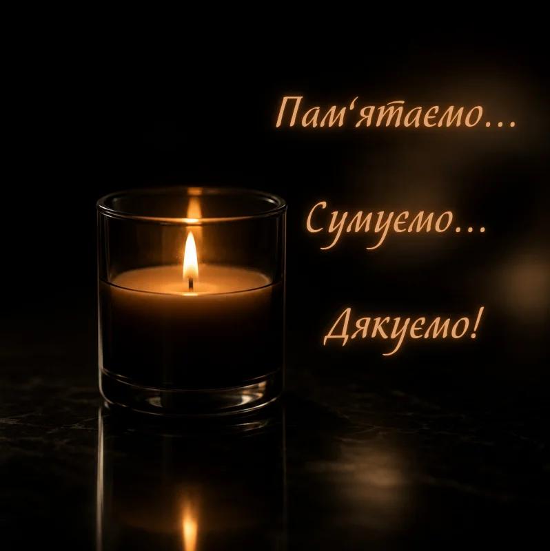 Свічка в темряві зі словами пам’ятаємо, сумуємо, дякуємо