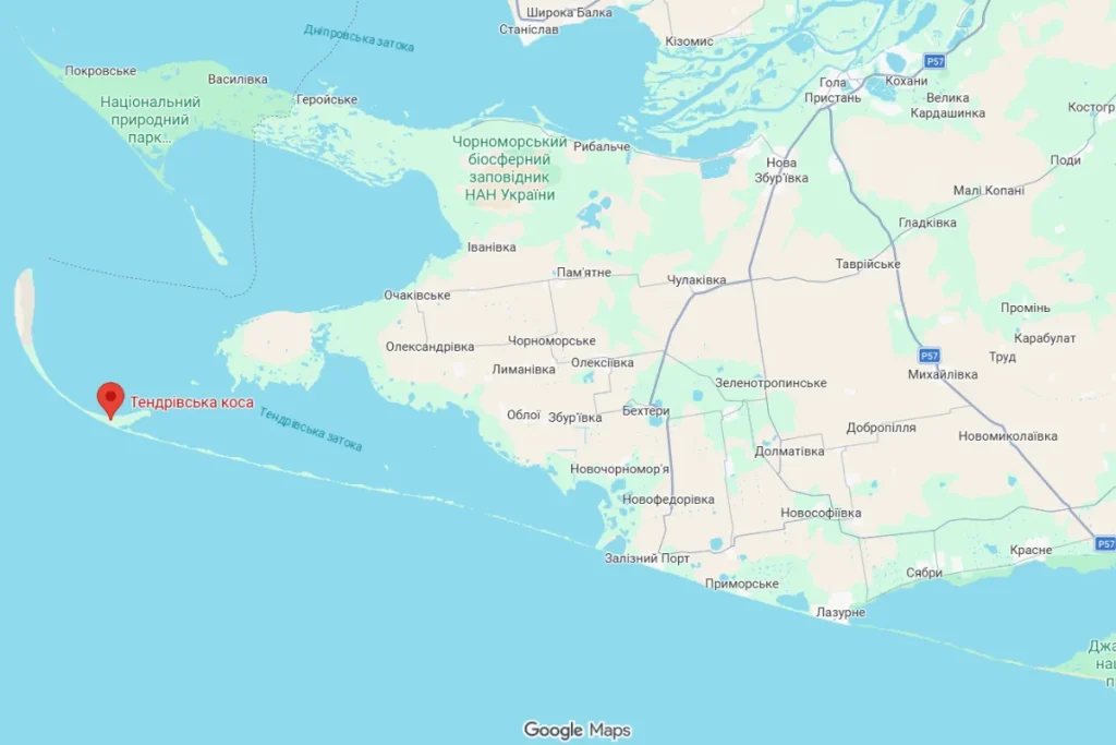 Тендрівська коса на карті Чорного моря та узбережжя України