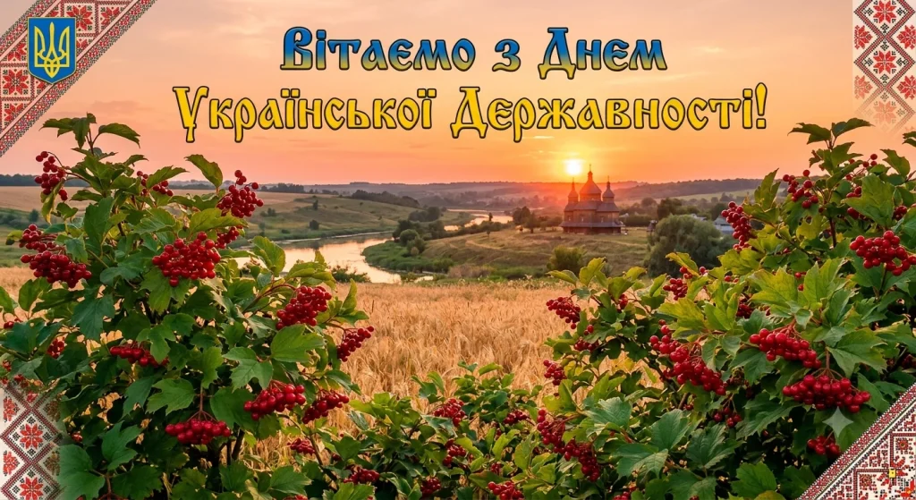 Листівка з Днем Української Державності з калиною та полем