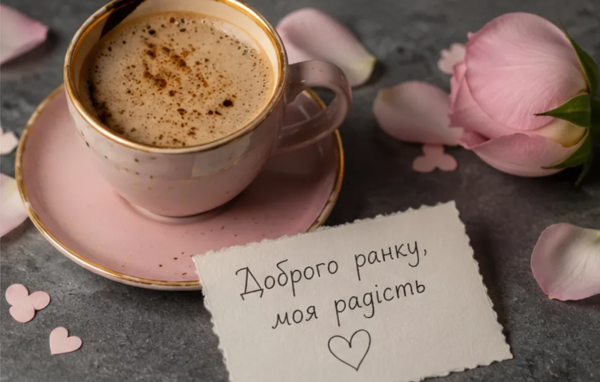 Листівка доброго ранку із чашкою кави та романтичним побажанням