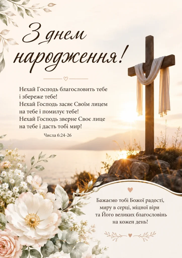 Християнське привітання із хрестом та білими квітами