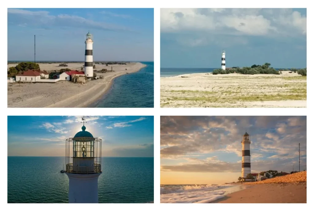 Фотоколаж із маяком, узбережжям і пляжами Тендрівської коси