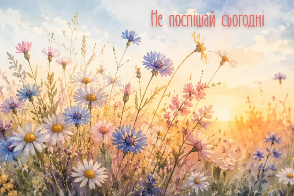 Ніжна листівка з польовими квітами у променях ранкового сонця