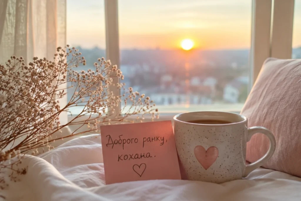Романтична листівка доброго ранку з чашкою кави