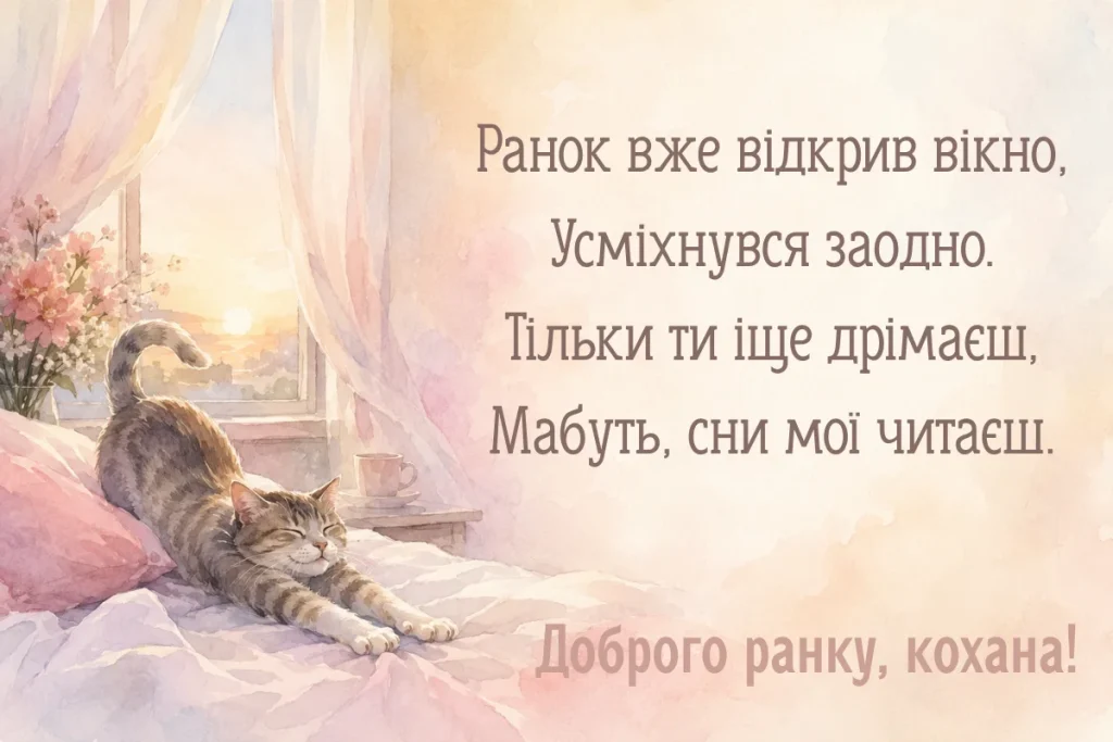 Котик із чашкою кави на листівці доброго ранку