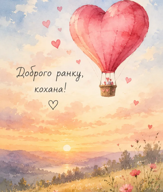 Ніжна листівка із повітряною кулею у формі серця на світанку