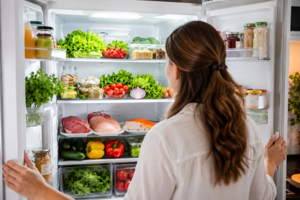 Жінка відкрила холодильник з корисними продуктами
