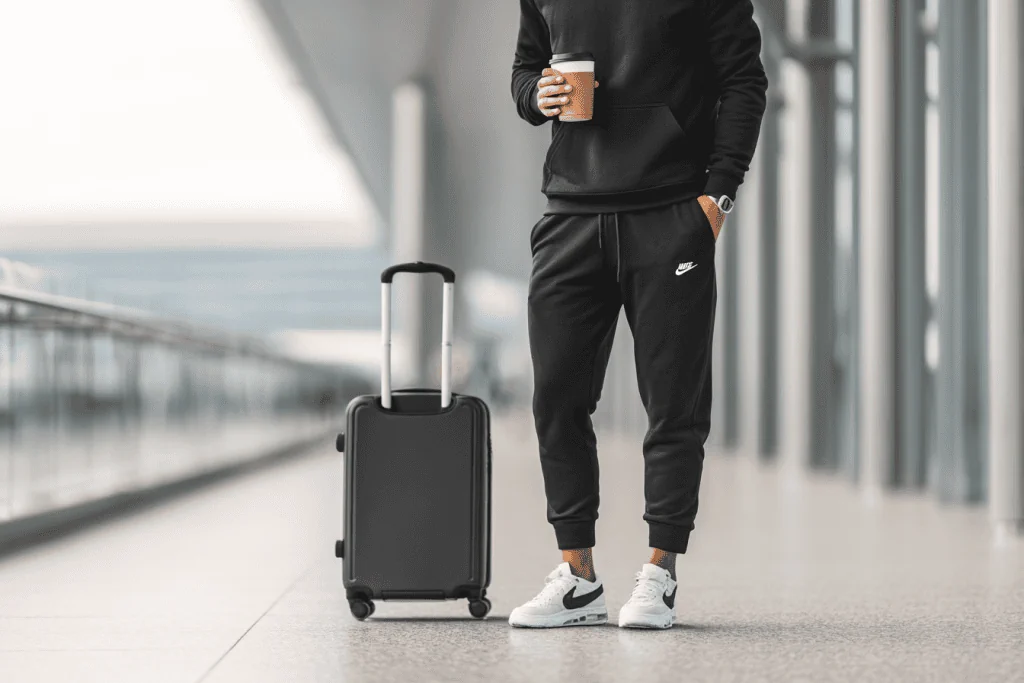 Чорний спортивний костюм Nike з кросівками та валізою